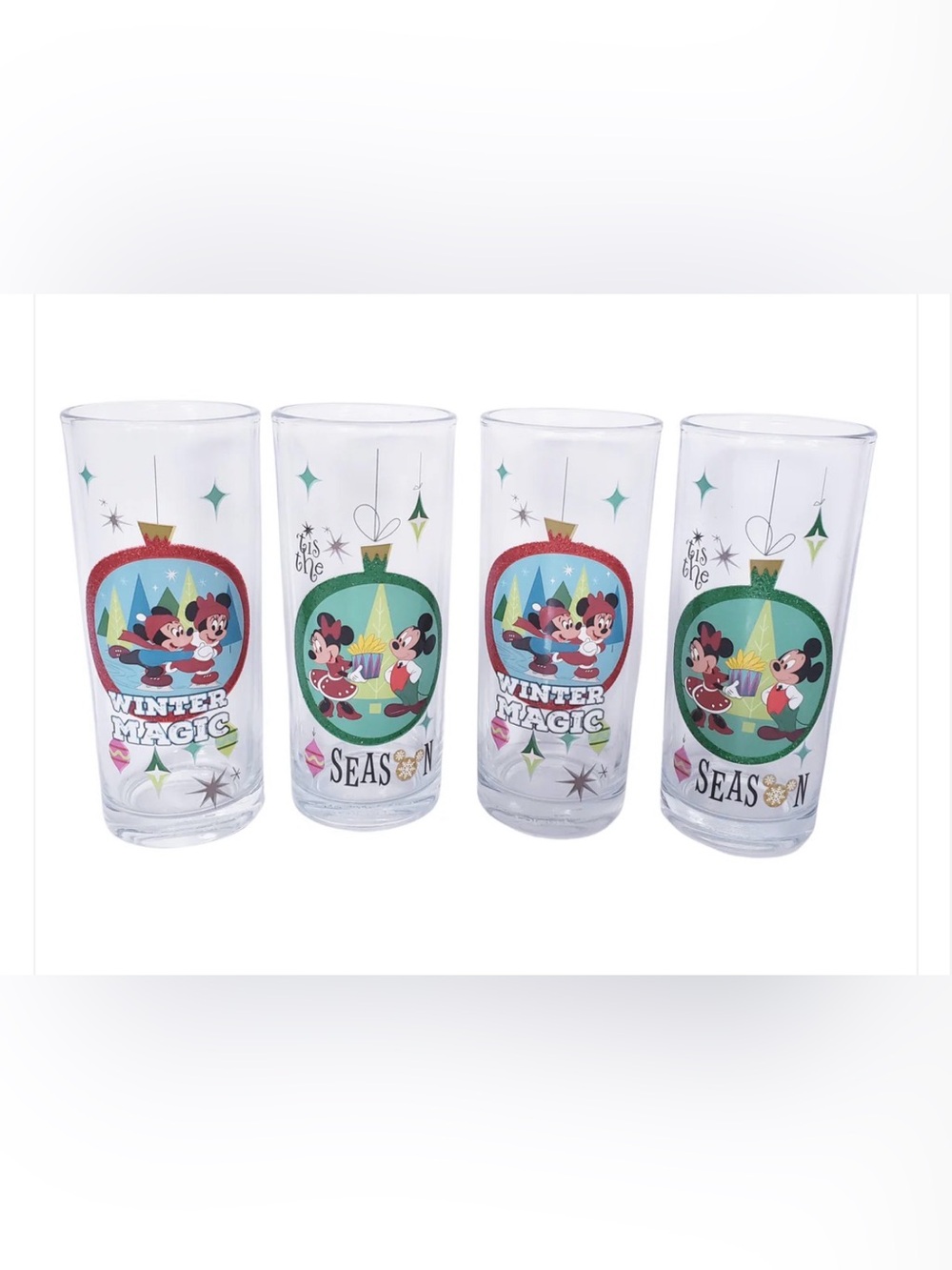 NIB Disney Holiday Glassware Set 4ct. Retro Christmas Mickey Minnie